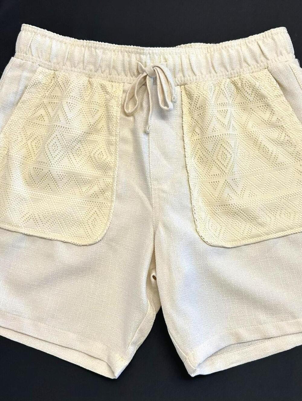 Men's Cream Drawstring Shorts with Textured Front Pockets